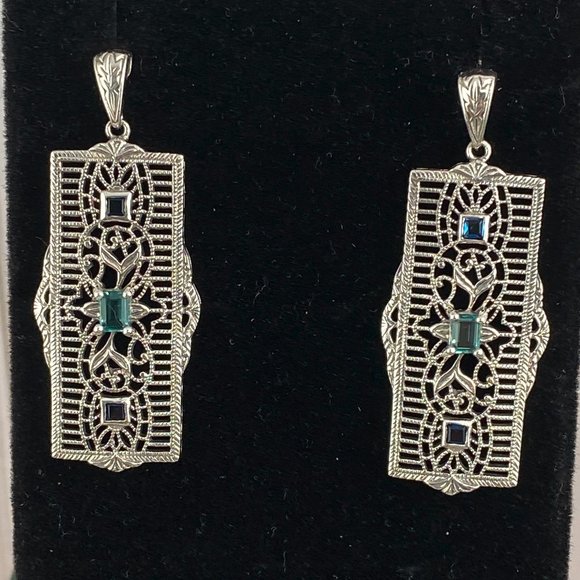 Hand Crafted Natural 1CT TW Apatite & Sapphire 925 Sterling Filigree Earrings - Picture 2 of 6